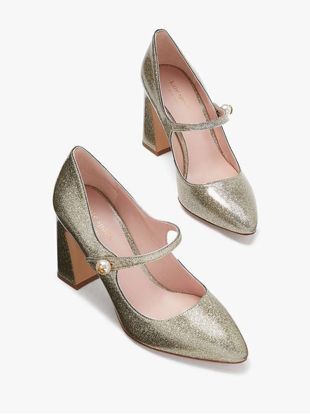 Kate Spade Maren Mary Jane Pearl Pumps leather glitter glam holiday gold sz 10B